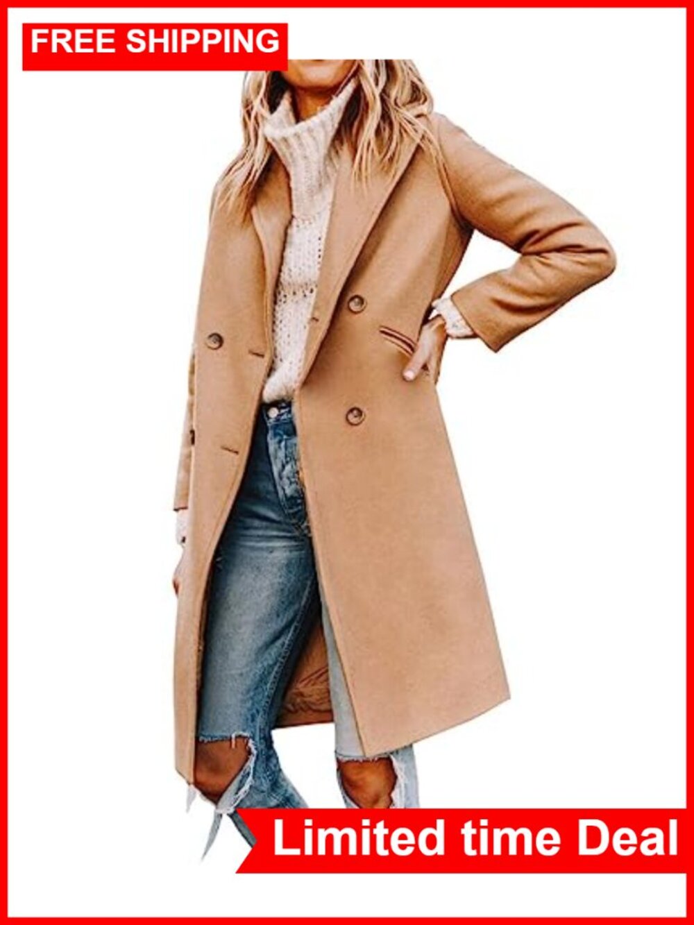Double Breasted Pea Coat Notch Lapel Winter Trench Jacket